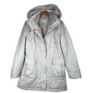Orvis Women Size S Zip Quilted Jacket Removable Hood Faux Fur Lining Big Pockets
